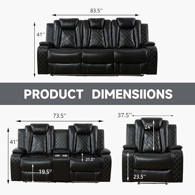 Power Recliner with LED, Black Leather Reclining Chair for Living Room, Muti-Functional Recliner with Storage Armrest/USB Ports for Living Room/Bedroom/Office