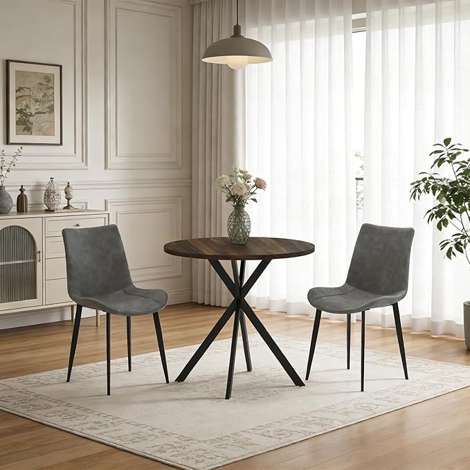 31.5" Round Dining Table and Chairs Set for 2, Small Dining Table Chairs Set Space-Saving, Small Dinette Sets for 2 for Kitchen Dining Room Apartment(Walnut Table + Gray Chairs)
