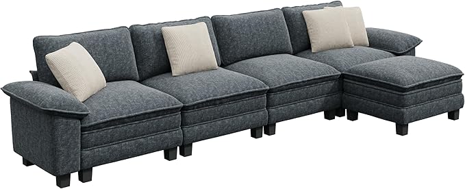 PHI VILLA Cloud Modular Couch Sets, 157.5" Sectional Sofa with L-Shaped Chaise, 5-Seater Upholstered Couches with Movable Ottoman for Living Room, Chenille Fabric, Dark Cyan