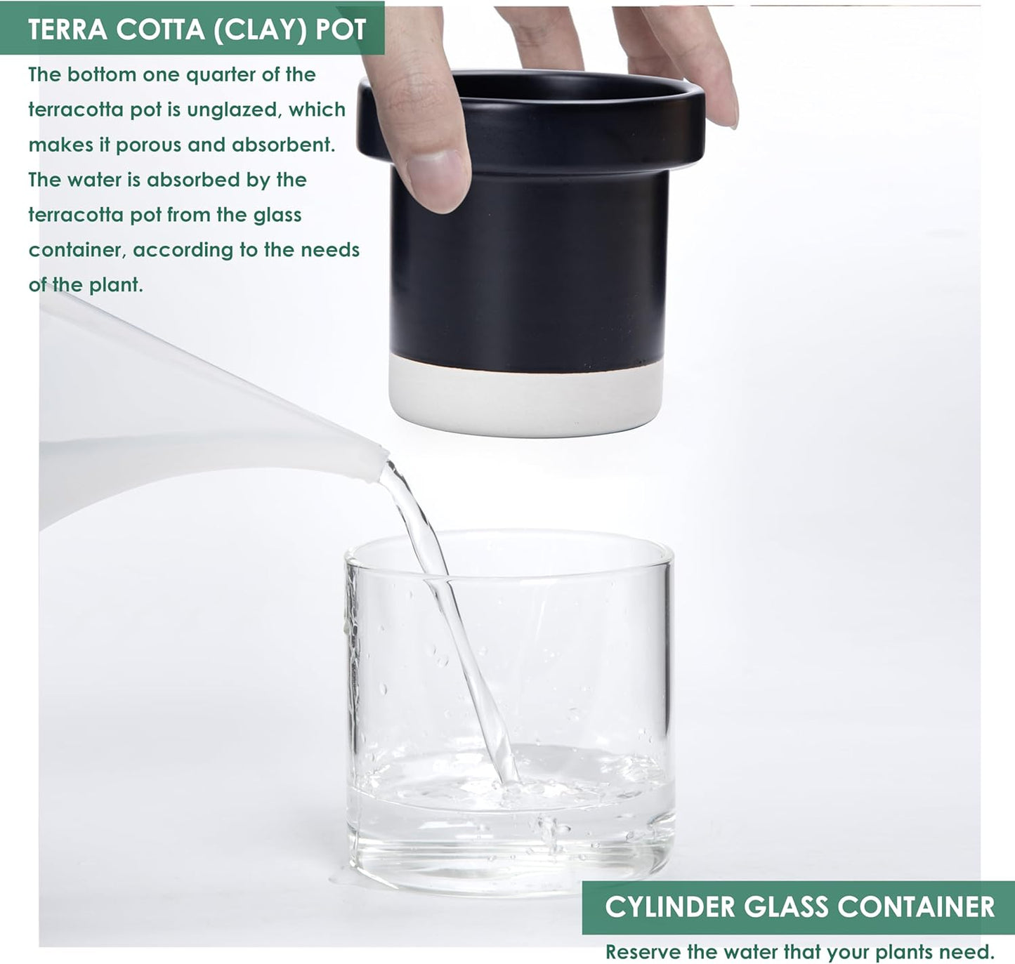 Phoenix Vine 4 Inch Self Watering Planter Pot, Black Terracotta Clay Pot with Glass Reservoir for Indoor Plants, Herbs, Flowers, Set of 4, 52-C-E-4