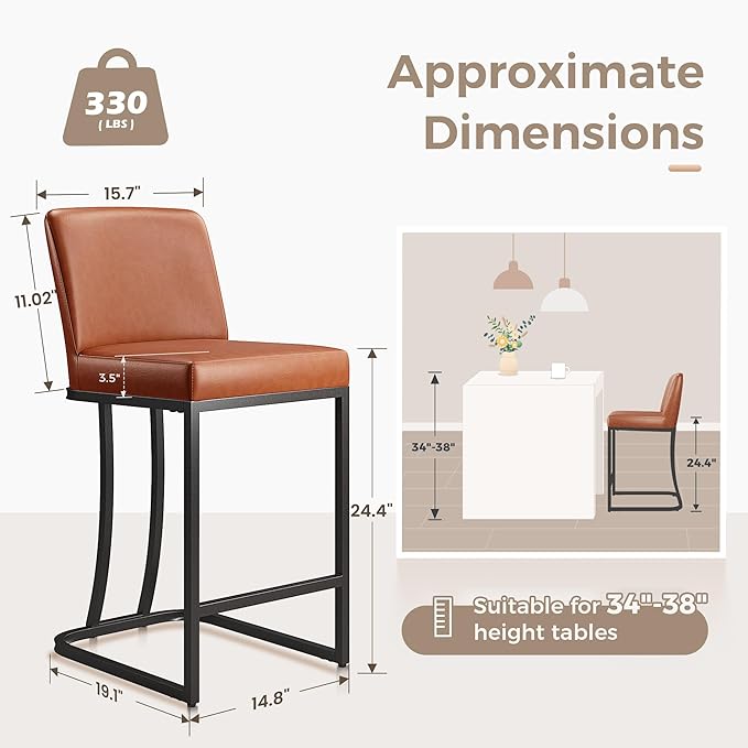 MAISON ARTS Counter Height Bar Stools with Back Set of 3 for Kitchen Counter, 24 Inch Modern Upholstered Faux Leather Barstools Farmhouse Bar Chairs Luxury Island Stools Support 330LBS, Brown