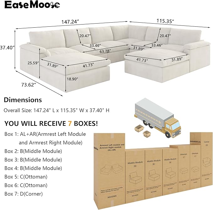 EASE MOOSE Oversized Sectional Cloud Couch-8-Seat, Corner V-Shaped Deep-Seat Modular Boneless Sofa, No-Assembly Chenille Sofa for Living Room, White