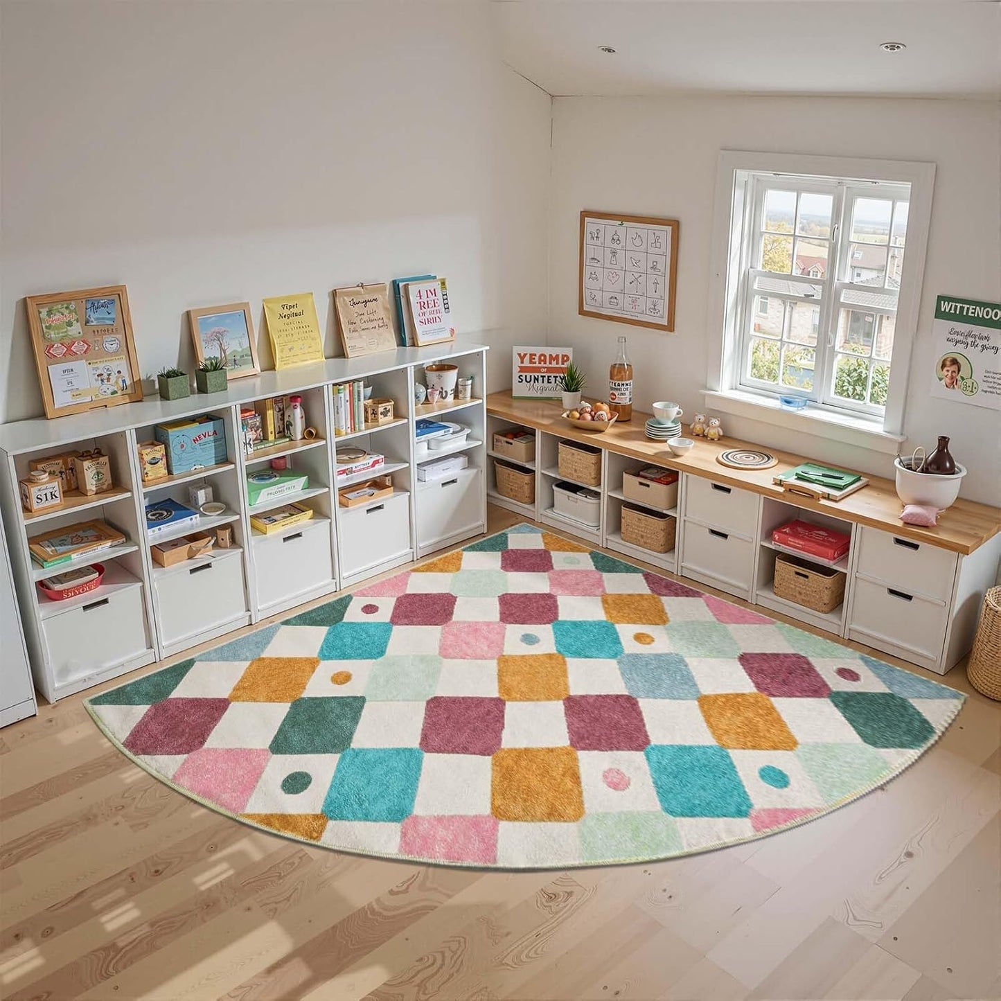jinchan Kids Rug for Classroom 7ft Radius Corner Washable Area Rug Modern Colorful Quarter Circle Rug Soft Non-Slip Carpet for Nursery Playroom Daycare Reading Nook Living Room Confetti on Cream