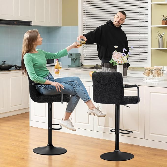 Furniliving Adjustable Bar Stools with Armrest, Square Back Sherpa Fabric Hydraulic Kitchen Counter Bar Stool, Luxurious Swivel Double Stitching Bar Chairs,Set of 2