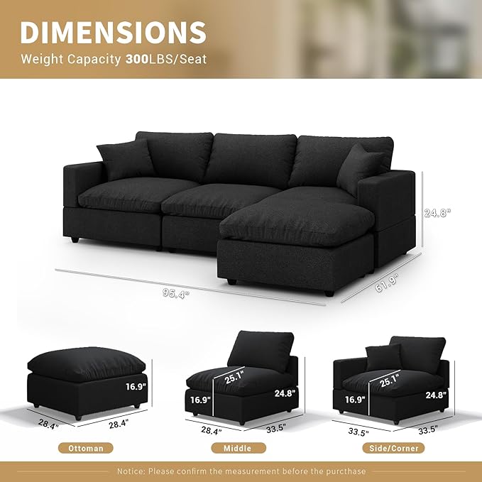 Modern Sectional Linen Cloud Couch for Living Room L Shape Modular Filled-Down Sofas,Detachable Couch Cushion Covers,Cozy Feather Down Sofa for Apartment Black