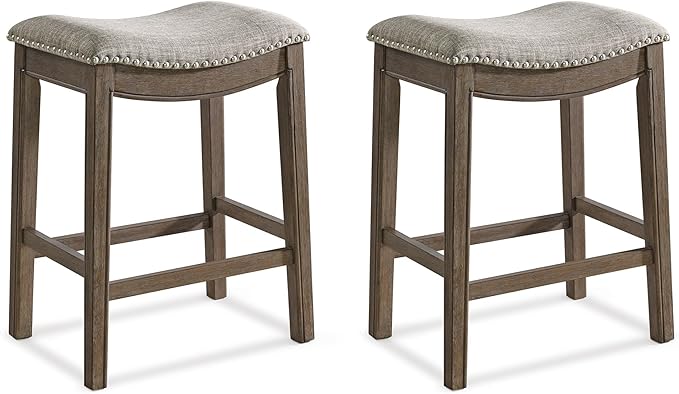 ROME + OAK Set of 2 Parker 26 Inch Counter Stool, Backless Saddle Kitchen Barstool in Walnut Finish with Grey Fabric Upholstery Cushion Seat