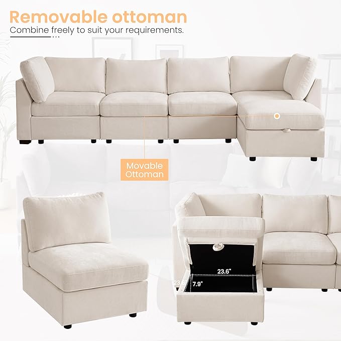 TEKAMON 96" Modular Sectional Sofa,Large Comfy Cloud 3-Seat Deep Seat,Reversible Chaise Modular Sectional Couches for Living Room and Apartmenr,Beige