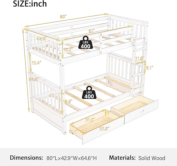 Merax Wood Bunk Bed with Drawers,Convertible Wood Bunk Bed with Ladders and Two Storage Drawers,Solid Wood Detachable Bed Frame with Ladders,Twin Over Twin Size,Espresso