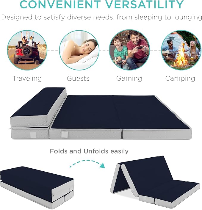 Best Choice Products 4in Portable Twin XL-Size Mattress, Tri-Fold Mattress for Camping, Guest, Toddler, Foam Plush w/Carry Case - Midnight Blue