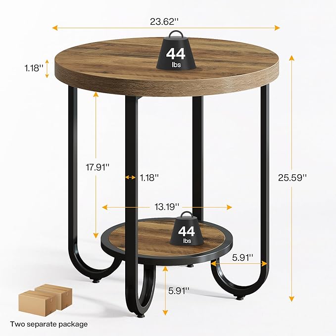 Tribesigns Round End Table with 2-Tier Storage Shelf, Industrial Side Table with Curved Metal Legs, Wood-Grain Accent Coffee Side Stand, Small Nightstand for Living Room, Bedroom, Office, 2PCS