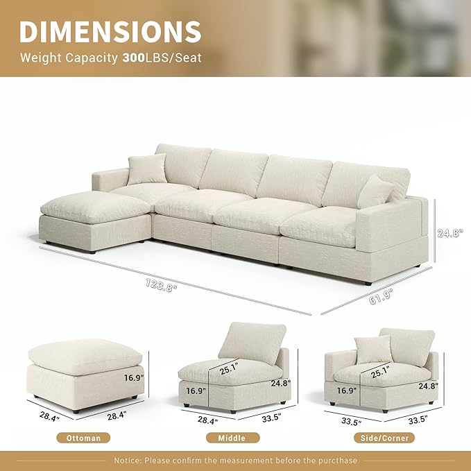 Modern Sectional Linen Couch for Living Room L-Shape Sofas,5 Seat Modular Cloud Sofas,Couches Cushion Covers Removable,Cozy Feather Down Sofa for Apartment Beige