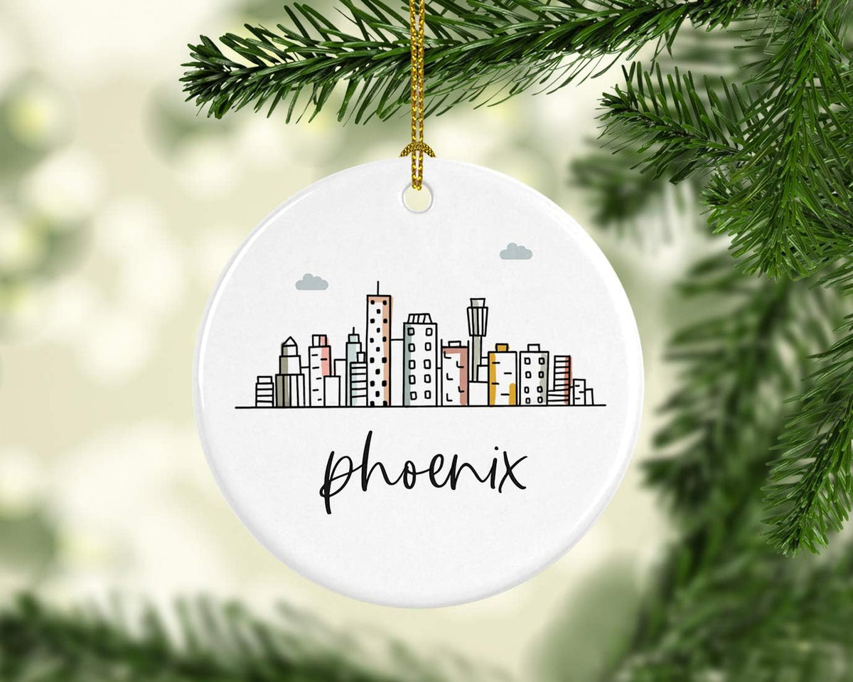 Andaz Press Round Ceramic Porcelain Christmas Tree Ornament Keepsake, Phoenix Colorful City Skyline Graphic, 1-Pack, Birthday Gift Ideas Family Coworker Him Her, Includes Gift Box