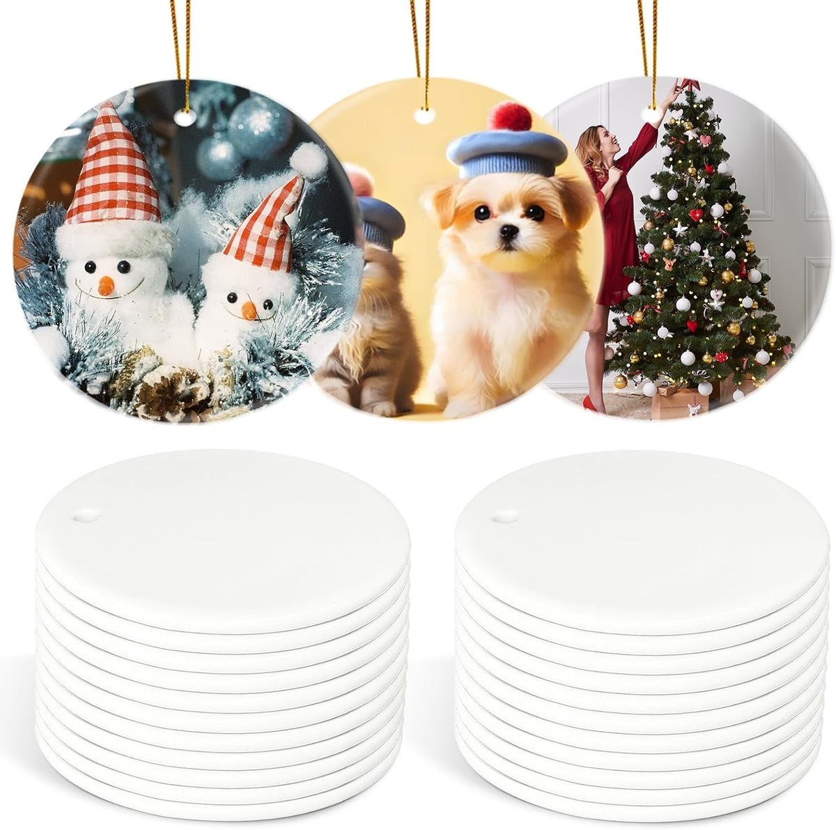 Sublimation Ornament Blanks, Double-Sided Ceramic Ornaments Sublimation Blanks Bulk, DIY Christmas Ornaments for Crafts, Heat Press Printing Christmas Decorations for Tree