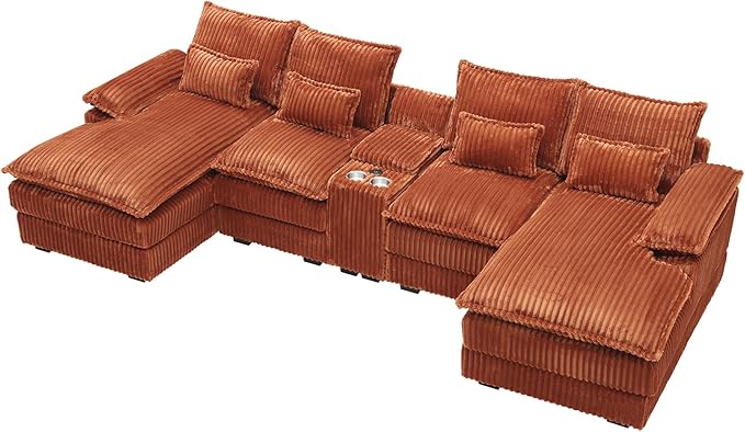 HYJT-H&K 124" U Shaped Cloud Couch Sectional, Comfy Fluffy Plush Corduroy Orange Sectional Couches for Living Room, Modern Modular Corduroy Couch Sectionals with Central Console & Double Chaise