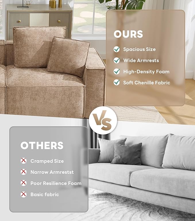 WILLOVE 141'' Modular Sectional Sofa, Chenille Cloud Couch with Wide Armrests & 6 Pillows, Deep Seat Couches for Living Room, Khaki