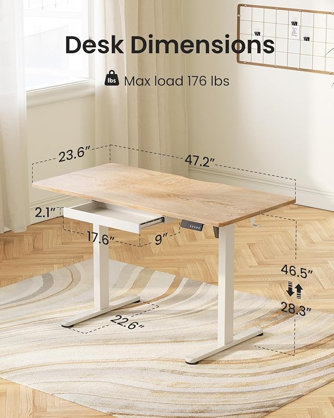 FEZIBO Electric Standing Desk with Drawers, 48 x 24 Inch Height Adjustable Desk with 3 Memory Presets, Sit Stand Up Desks for Home Office, Natural