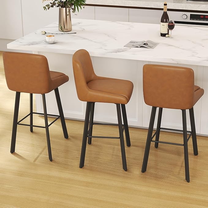 Swivel Counter Height Bar Stools Set of 3, 29''H Upholstered Barstools with Backs, Modern Bar Stool Chairs for Kitchen Island, Metal Legs, Faux Leather, Whiskey Brown Stools Counter Chair