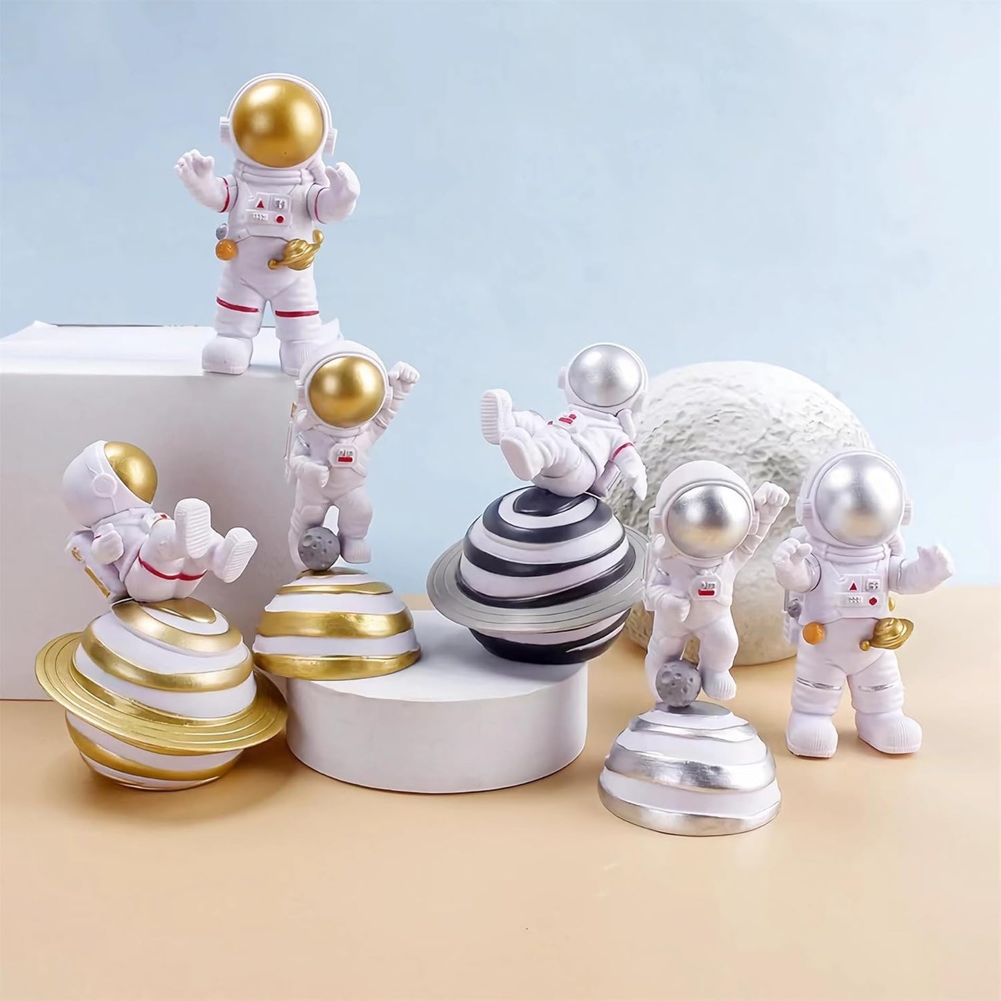 Blue Astronaut Statues Set of 3, Outer Space Theme Figurines Planet Nursery Classroom Bedroom Decor Cake Toppers