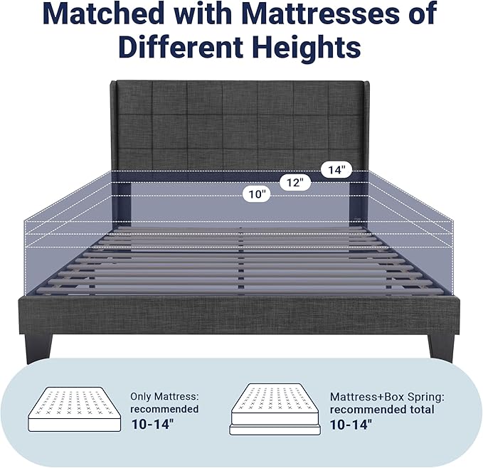 Allewie Queen Size Platform Bed Frame with Wingback, Fabric Upholstered Square Stitched Headboard and Wooden Slats, Mattress Foundation, Box Spring Optional, Easy Assembly, Dark Grey
