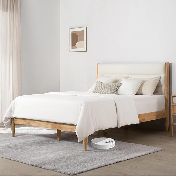 Wood Bed Frame with Headboard Upholstered Platform Mattress Foundation,Strong Wooden Slat Support,No Box Spring Needed