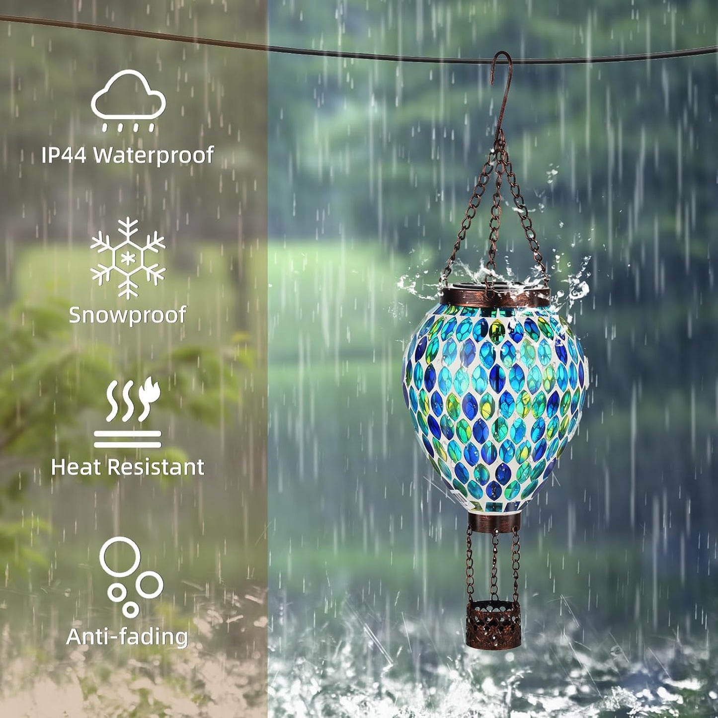 VOREEN Hot Air Balloon Solar Lantern, Mosaic Solar Outdoor Hanging Wind Light, Waterproof, Patio Festive Decor, Gift for Mom Wife Friend, Blue