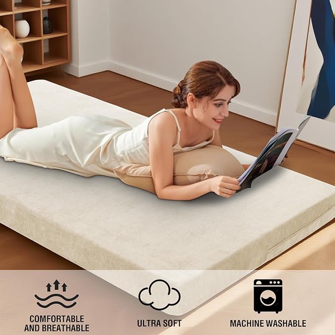 H.VERSAILTEX Full Size Armless Futon Mattress Covers for Traditional Japanese Futon Mattress Soft Chenille Couch Slipcovers Floor Mats Sofa Protector Zippered Sleeper Sofa Cover,Beige