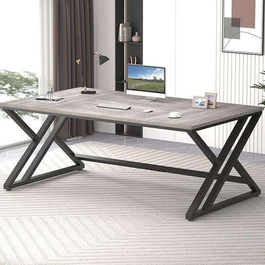 LVB 70.8" Long Office Desk, Modern Large Wood Metal Computer Desk, Industrial Double Workstation Desks for Two People, Rustic PC Executive Work Study Writing Computer Table for Home, Light Grey Oak