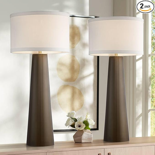 Possini Euro Design Karen 36" Tall Large Mid Century Modern End Table Lamps Set of 2 Dark Gold Glass Living Room Bedroom Bedside Nightstand House Office Home Reading Kitchen Fabric Off-White Shade