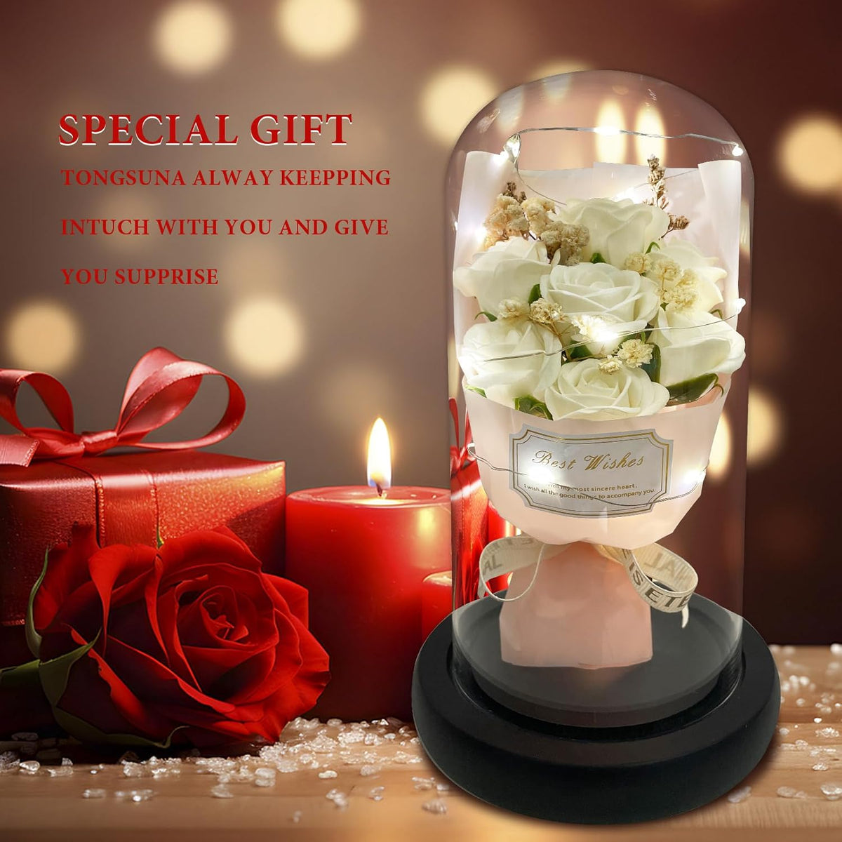 Gift for Her Forever Flower Bouquet for Delivery Prime Preserved White Roses Glass Dome LED Light 100 Languages I LOVE YOU Necklace Mothers Day Birthday Romantic Valentines Gift for Wife Women Mom