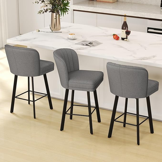 Swivel Counter Height Bar Stools Set of 6, 26'' Modern Barstools with Backs and Metal Legs, Upholstered Bar Chairs,Mid-Gray,Fabric Stools for Kitchen Island Chairs