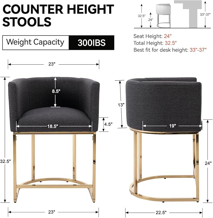 Linen Bar Stools Set of 3, 24" Contemporary Upholstered Fabric Counter Height Bar Stools Kitchen Counter Island Stools Barstools with Golden Metal Base, Charcoal