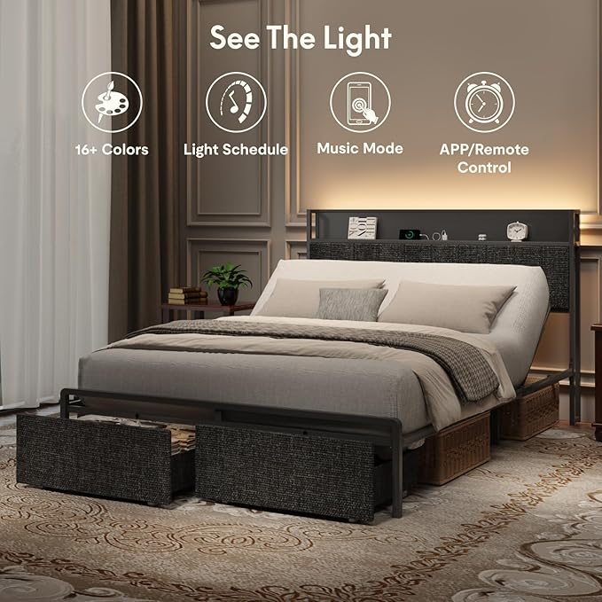 FLEXISPOT Queen Adjustable Bed with Storage Headboard, Charging Station, Head Incline, LED Lighting, Storage Drawers, Quiet Powerful DC Motor, and Easy Assembly