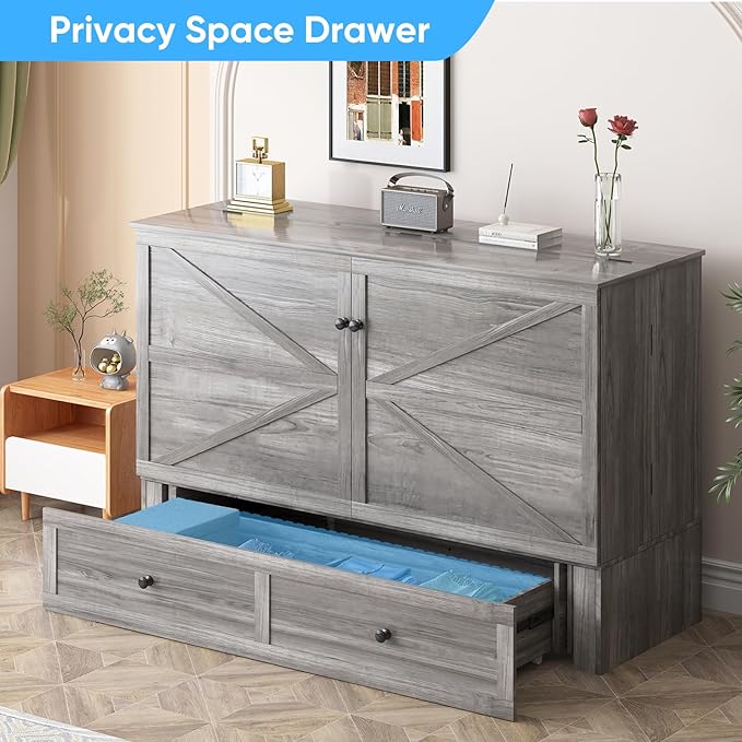 Mjkone Murphy Bed, Cabinet Murphy Bed with Tri-Fold Memory Foam Mattress, Farmhouse Wooden Cabinet Beds with USB Charging Station and 2 Storage Drawers for Bedroom/Office/Guest Room-Gray, Full