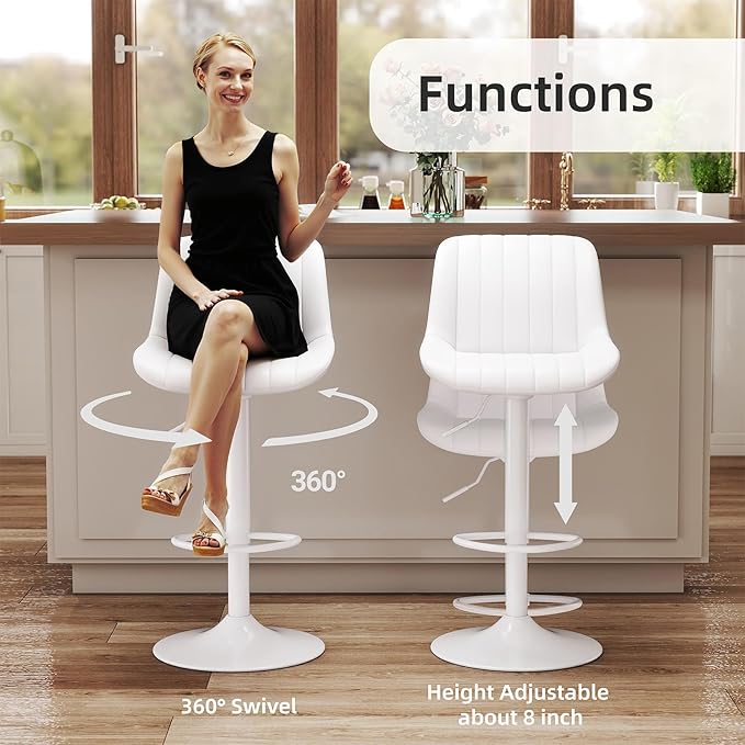 Youhauchair Bar Stools Set of 3, Swivel Counter Height Barstools with Back, Adjustable PU Leather Bar Chairs, Modern Armless Kitchen Island Stool, White