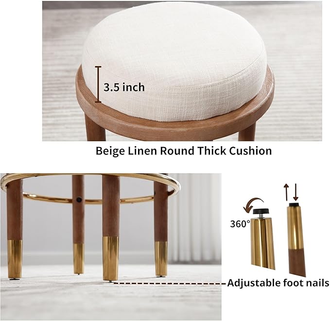 26’’ Rustic Backless Bar Stools with Metal Gold Footrest Counter Height Barstools Set of 6 Modern Round Farmhouse Beige Linen Upholstered Wooden Stools with Natural Solid Wood Legs for Kitchen Island