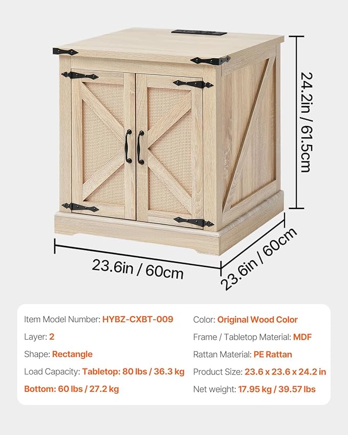 VEVOR Farmhouse End Table, Rectangle PE Rattan Woven Wood Coffee Table, 24-Inch Modern Boho Style Storage Coffee Table with Retro Metal Hinges, for Living Room, Bedroom & Small Spaces