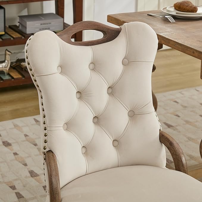 Velvet Dining Chairs Set of 2, Solid Wood Handles, Wooden Upholstered Dining Chair, Vintage Copper Nail Decoration, Mid Century Modern Kitchen Chair (Beige, Set of 2)