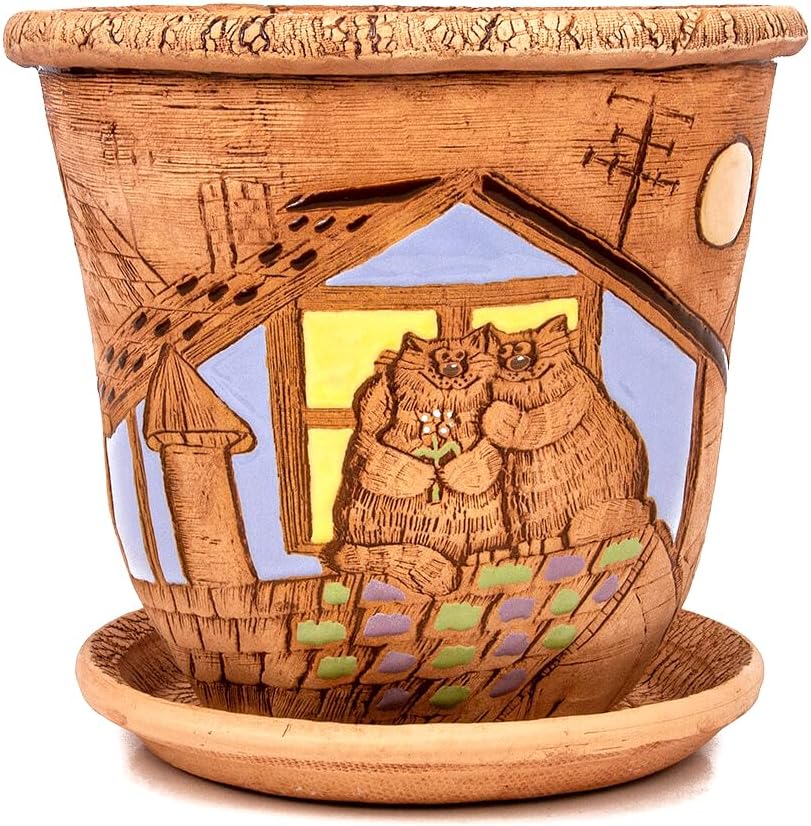 Ceramic Pot with Drainage Hole and Saucer, Plant Pots, Modern Decorative Planters for House Plants Indoor Flowers Plants, Cute Flower Pot - Gifts (Cats (3 L))