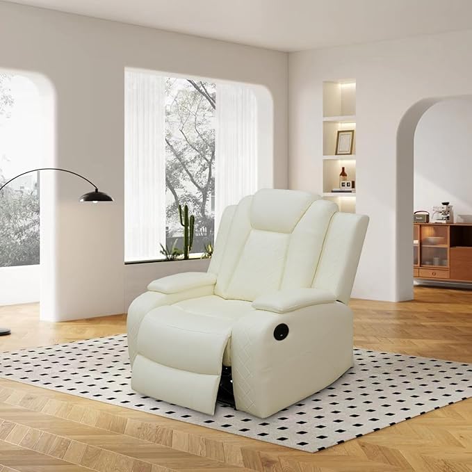 Power Recliner with LED, Creamy White Leather Reclining Chair for Living Room, Recliner Chair with Storage Armrest/USB Ports for Living Room/Bedroom/Office