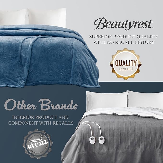 Beautyrest Heated Plush Elect Electric Blanket with 20 Heat Level Setting Controllers Equip with Secure Comfort Technology and 10 Hours Auto Shut Off, King: 90x100, Sapphire,BR54-0661