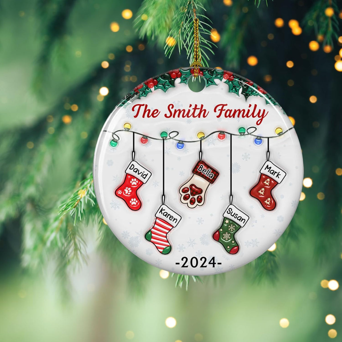 Stocking Personalized Family Christmas Ceramic Ornament 2025-3D Inflated Effect Custom Name Hanging Stock up to 10 Members, First Xmas as A Family Ornament Gifts (A04, 9 Names)