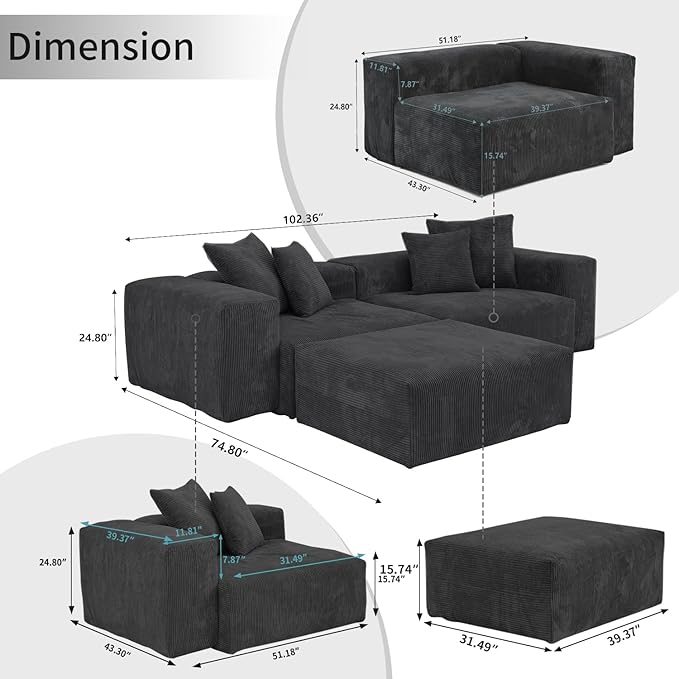 WJShome Cloud Couch Modular Sectional Sofa,102inch L Shaped Sofa with Ottoman,Black 3 Seater Corduroy Couch,Convertible Sectional Sofa for Living Room,Cushion Covers Removable& Washable
