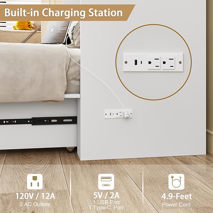 Queen Murphy Bed with Storage & Charging Station, Murphy Cabinet with Foldable Panel, Noisy Free, for Guest Bedroom, Living Room, Office, Distressed White