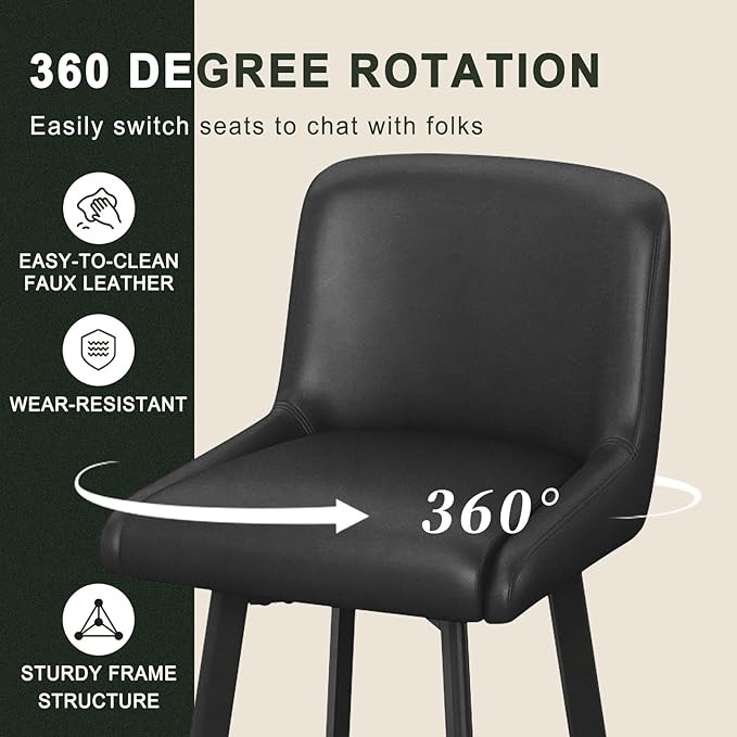 Swivel Bar Stools, 26''H Upholstered Barstools with Backs, Modern Counter Height Bar Stool Chairs for Kitchen Island, Metal Legs (Black- Faux Leather, Set of 3-26" H)