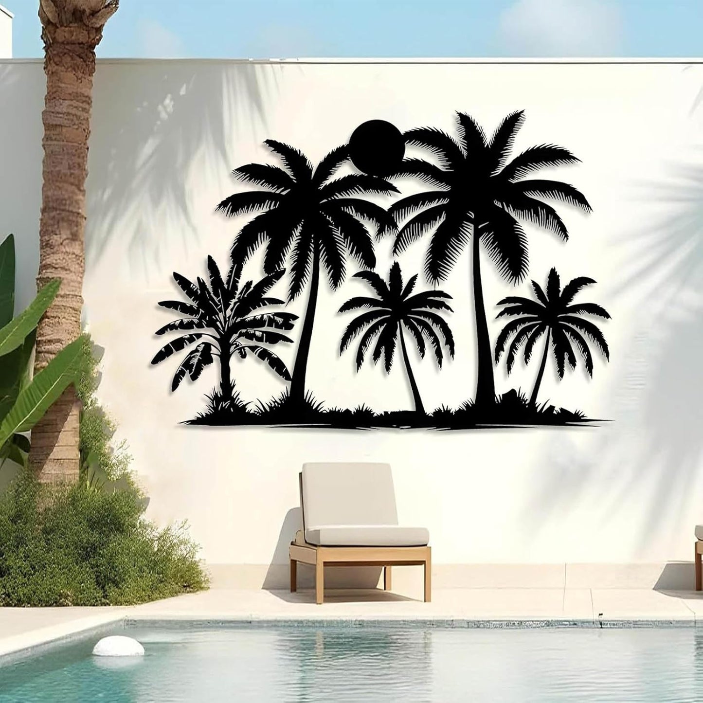 Tuglona Metal Palm Tree with Sunset Wall Decor, Tropical Palm Tree Metal Wall Art, Tropical Wall Decor, Sun Wall Art, Beach Wall Decoration, Coastal Trees Wall Hanging (White, 53"x37"/135x93cm)