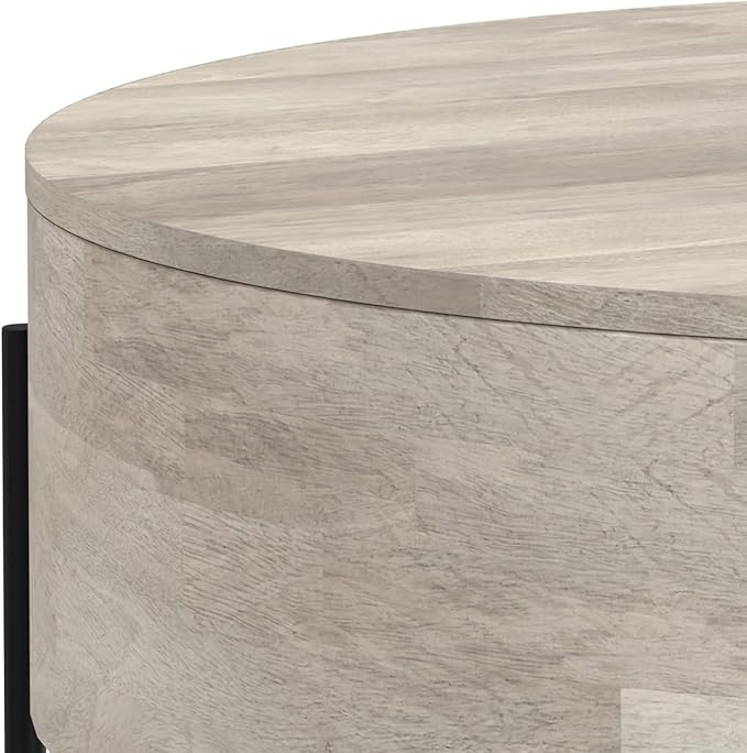 SIMPLIHOME Rayburn Drum Coffee Table - 38 inch Wide Solid Mango Wood Round Living Room Table in White Wash, Modern Urban Center Table for Family Room with Black Metal Legs and Large Surface