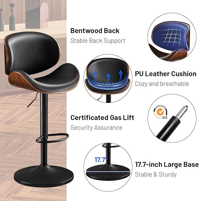 Furniliving Adjustable Bar Stools Set of 2, Swivel Bentwood Barstools Counter Height Bar Stools, Ergonomic Modern Bar Stools with Back Upholstered Barstools for Dining Room, Kitchen, Bar, Black, PU