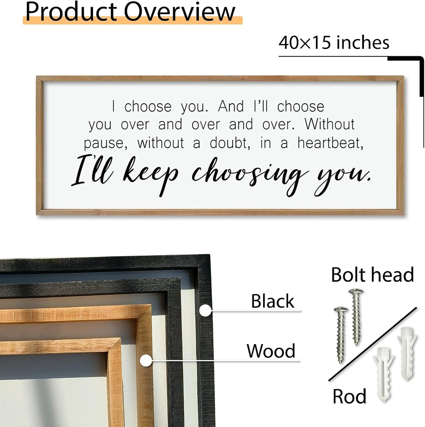 comurdyo I'll Keep Choosing You Sign 40"X15" for Master Bedroom Above Bed Wall Decor I Choose You Large Wood Framed Wall Hanging Art (Wood)