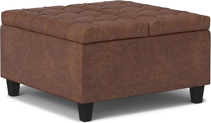 SIMPLIHOME Harrison 30 inch Wide Transitional Square Small Coffee Table Storage Ottoman in Distressed Saddle Brown Vegan Faux Leather, Assembled, for The Living Room and Bedroom