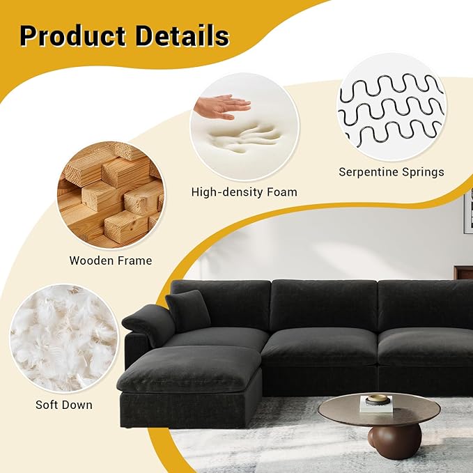 Cloud Modular Couch for Living Room,7 Seater U Shape Linen Blend Sofas,Modern Deep Seat Cloud Sofas,Convertible Comfort Down Filled Sectional Couches,Removable Washable Cushion Covers,Black